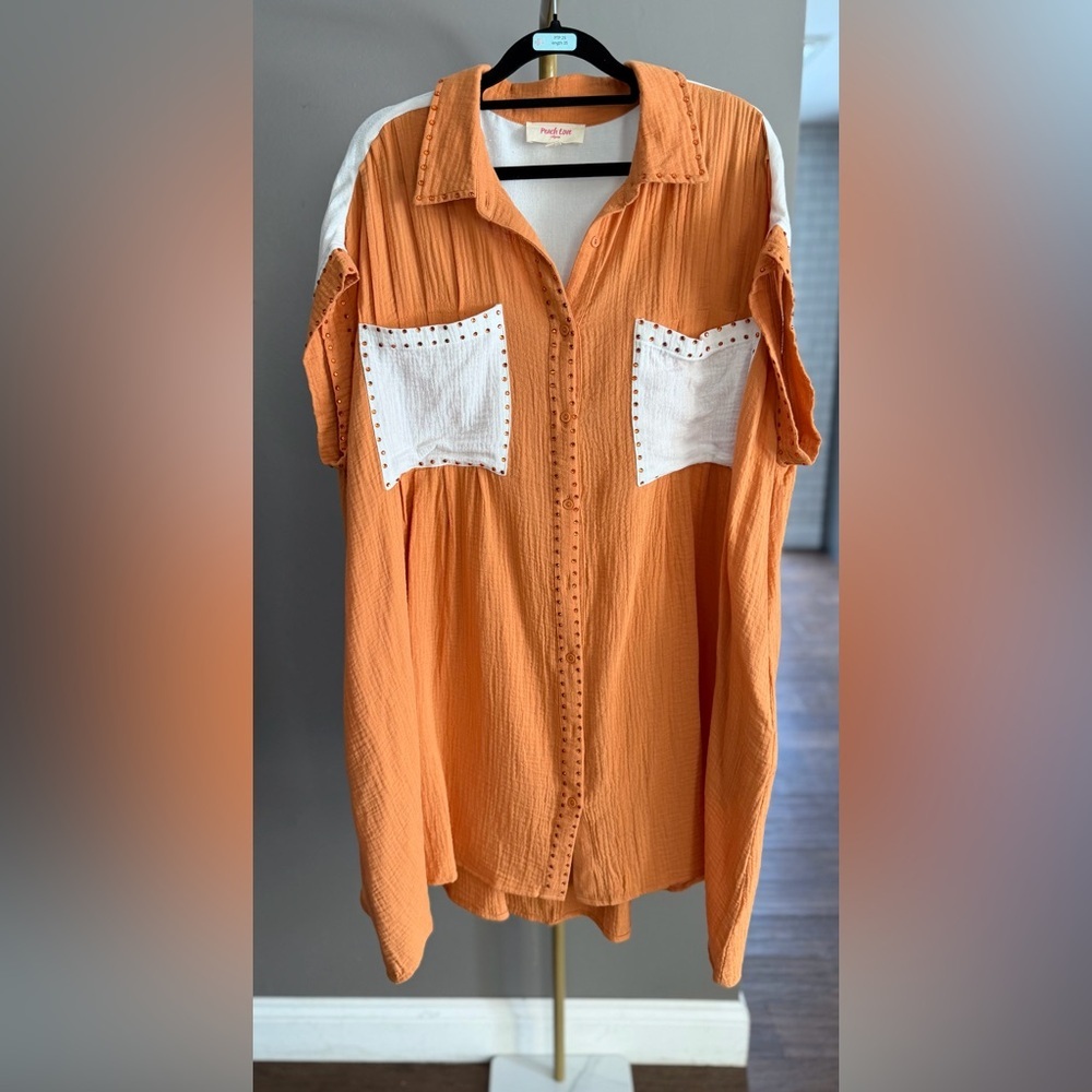 Peach Love California Boho Luxe Orange Gauze Studded Pocket Dress Western Chic
